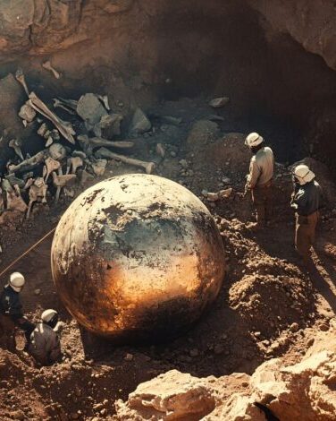 a group of men standing around a large round object in a pit