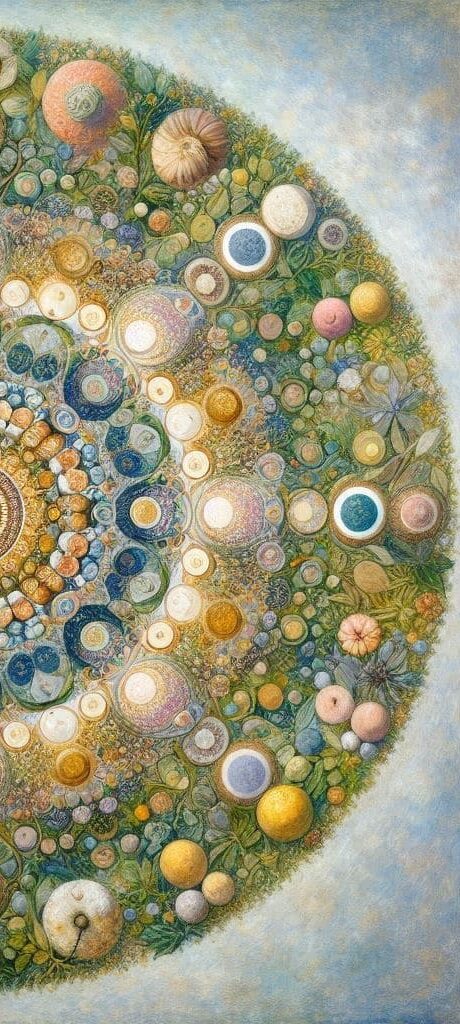 a colorful artwork with many circles and flowers