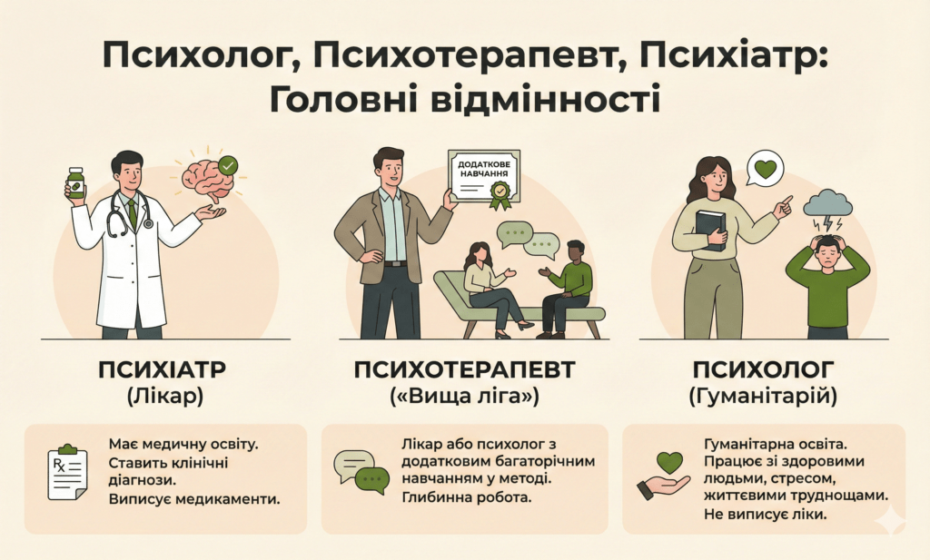 Інфографіка: Типи фахівців. Психіатр лікує ліками, психотерапевт — глибинно, психолог працює зі стресом та життєвими кризами.