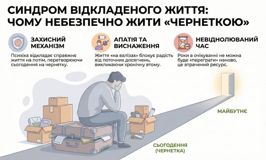 Інфографіка: Синдром відкладеного життя. Небезпека життя «чернеткою». Апатія та виснаження. Час не можна буде переграти наново.