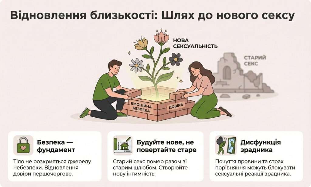 Інфографіка: Відновлення близькості. Шлях до нового сексу через фундамент безпеки та довіри, замість спроб повернути старі звички.