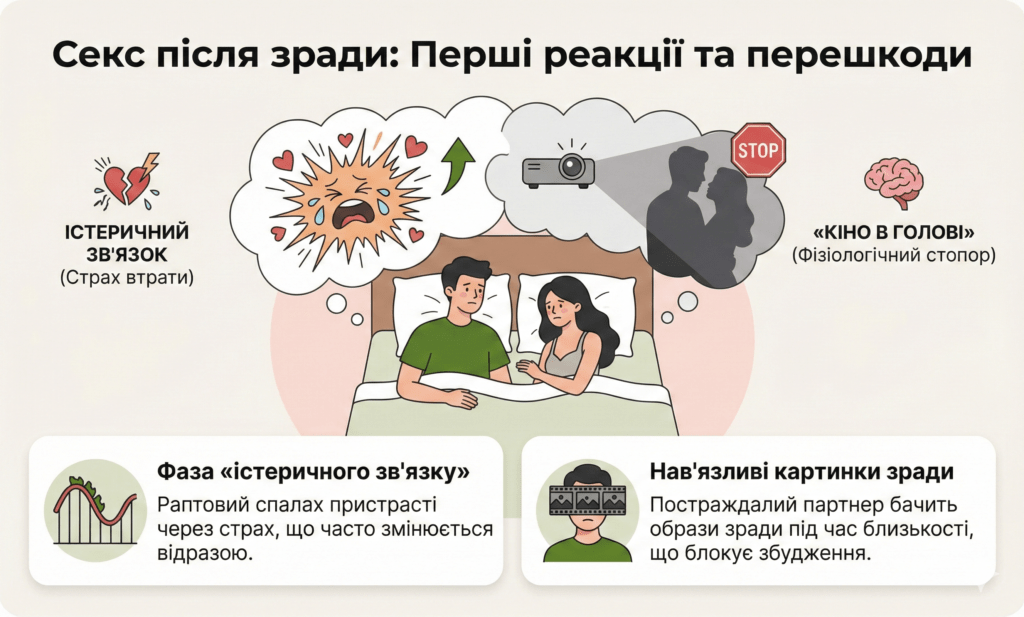 Інфографіка: Секс після зради. Реакції та перешкоди: фаза «істеричного зв'язку» через страх та нав'язливі образи, що блокують збудження.