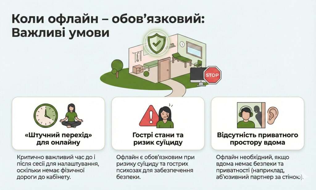 Інфографіка: Коли офлайн обов'язковий. Ризик суїциду, гострі стани або відсутність приватності вдома. Потрібен час на налаштування.