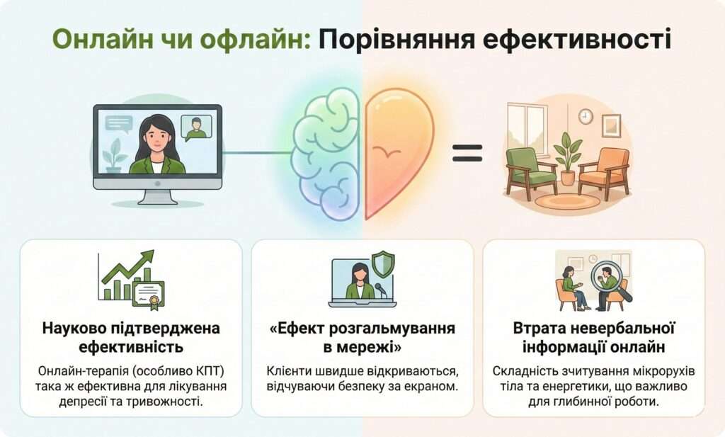 Інфографіка: Онлайн чи офлайн. Ефективність однакова. Онлайн дає швидшу відкритість (розгальмування), але втрачається невербаліка.