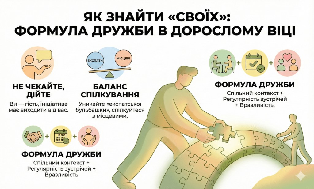 Інфографіка: Як знайти друзів. Формула: спільний контекст + регулярність + вразливість. Не чекайте ініціативи, дійте самі, шукайте своїх.