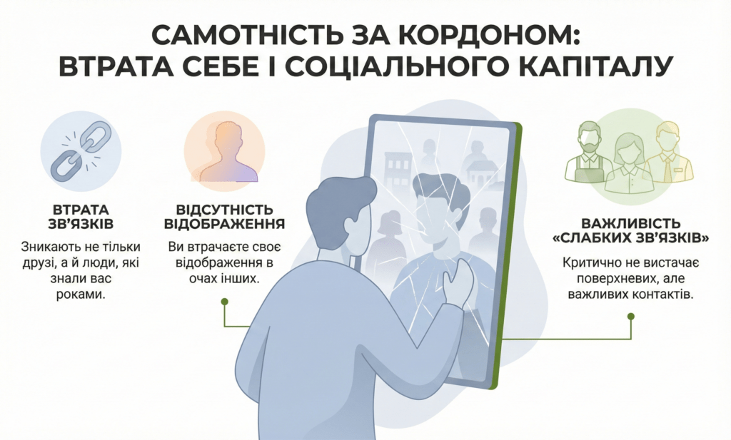 Інфографіка: Самотність за кордоном. Втрата соціального капіталу та відображення в очах інших. Важливість відновлення навіть слабких зв'язків.