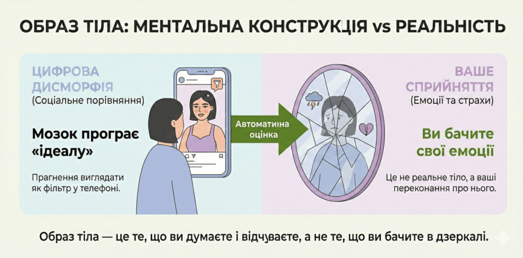 Інфографіка: Образ тіла. Це ментальна конструкція, а не реальність. Ми бачимо в дзеркалі свої страхи та емоції, посилені соцмережами.
