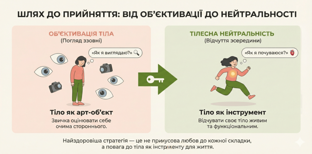 Інфографіка: Прийняття тіла. Шлях від об'єктивації («як я виглядаю») до нейтральності («що тіло може»). Тіло — це інструмент для життя.