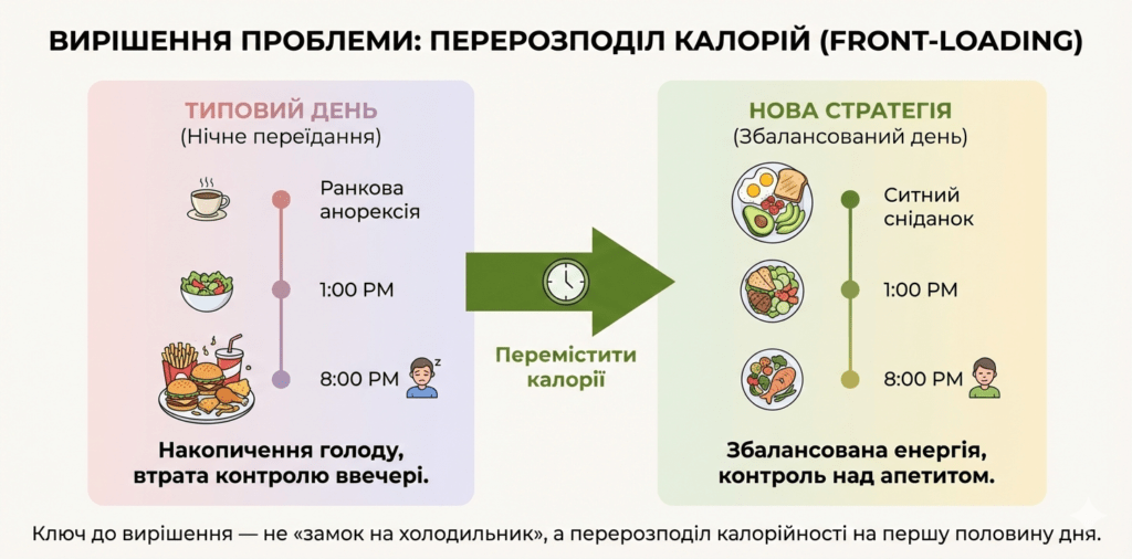 Інфографіка: Стоп нічному переїданню. Метод Front-loading: перенесіть основні калорії на ранок та обід, щоб прибрати вечірній голод.