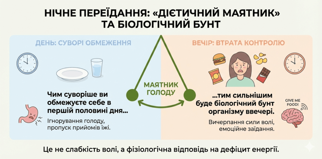 Інфографіка: Нічне переїдання. Ефект маятника: чим суворіші обмеження вдень, тим сильніший біологічний бунт організму ввечері.