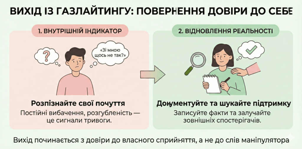 Інфографіка: Вихід із газлайтингу. Повернення довіри до себе. Розпізнавайте свої почуття та документуйте факти, щоб відновити реальність.