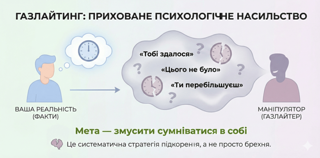Інфографіка: Газлайтинг. Приховане насильство. Мета маніпулятора — змусити вас сумніватися в адекватності власного сприйняття реальності.