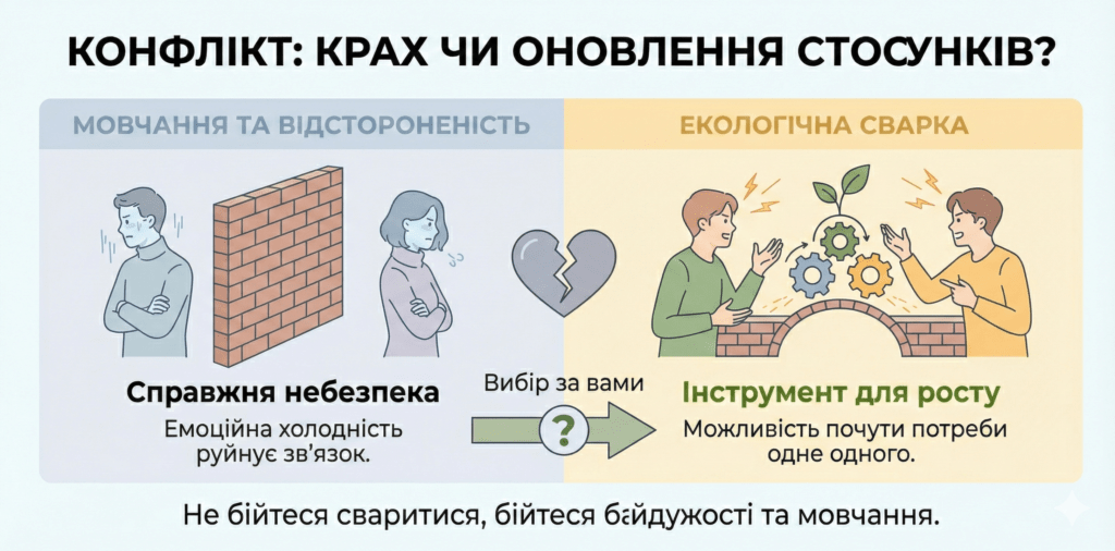 Інфографіка: Конфлікт. Небезпека не в сварках, а в мовчанні та байдужості. Екологічна сварка — це інструмент для росту та розуміння потреб.
