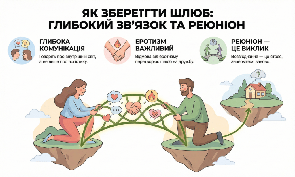 Інфографіка: Як зберегти шлюб. Глибока комунікація про внутрішній світ, важливість еротизму. Возз'єднання — це теж стрес і новий етап.