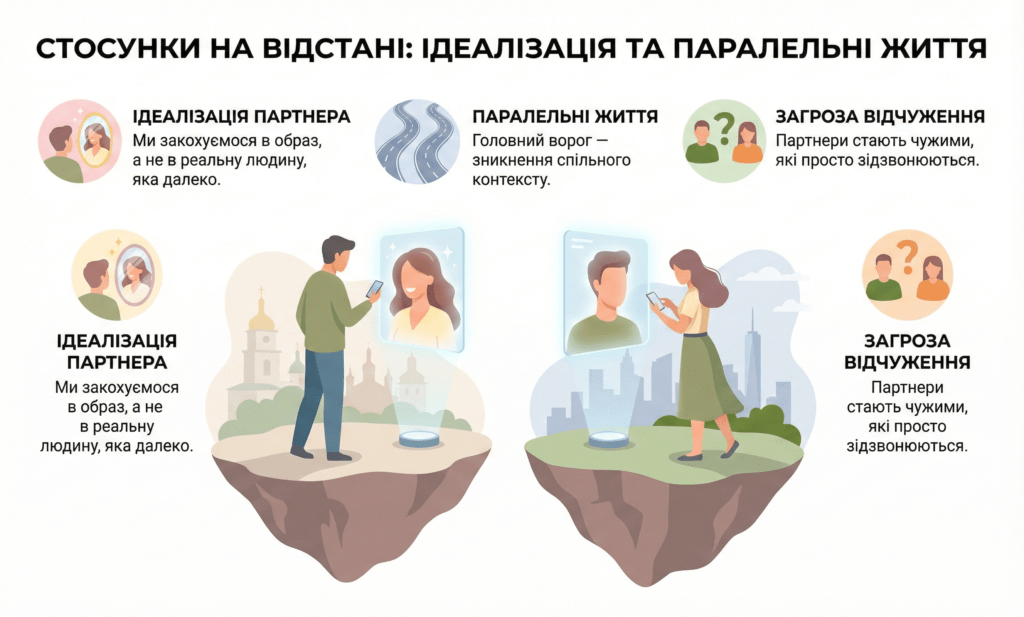 Інфографіка: Стосунки на відстані. Ризик ідеалізації образу та паралельних життів. Головна загроза — відчуження, коли стаєте чужими.