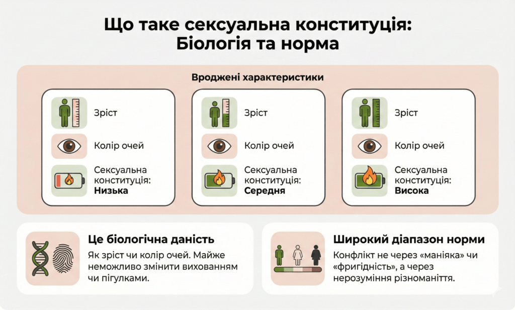 Інфографіка: Що таке сексуальна конституція. Біологічна даність та норма. Вроджені характеристики лібідо, які неможливо змінити вихованням.