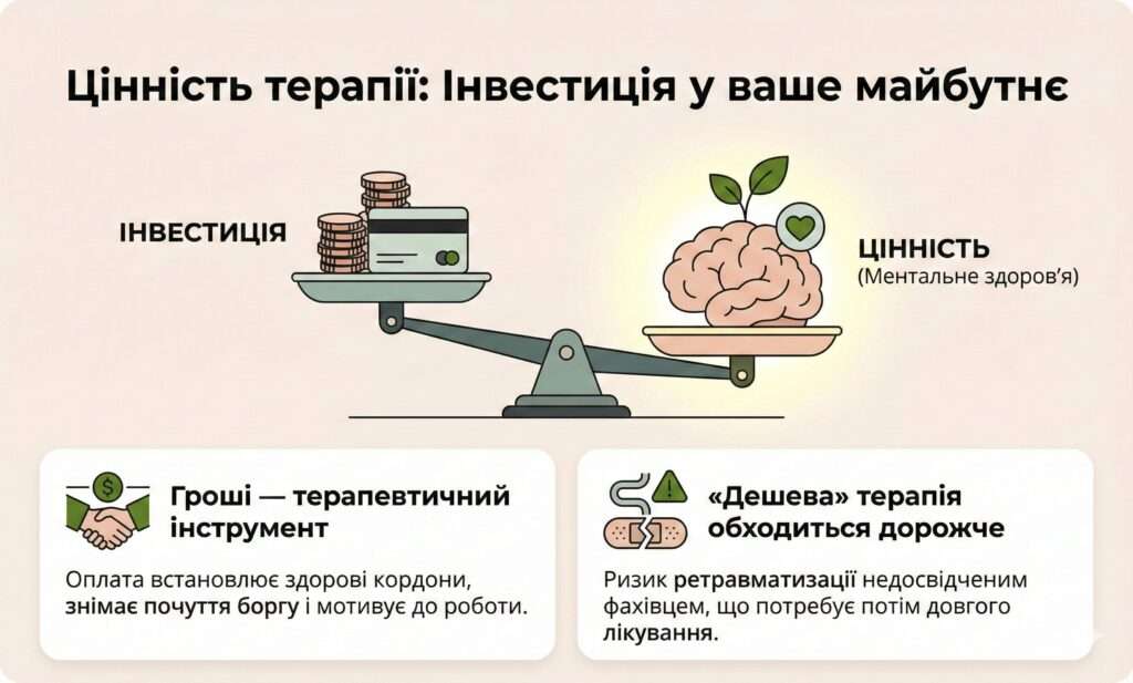 Інфографіка: Цінність терапії. Інвестиція в ментальне здоров'я. Оплата формує кордони, а «дешева» терапія несе ризики ретравматизації.