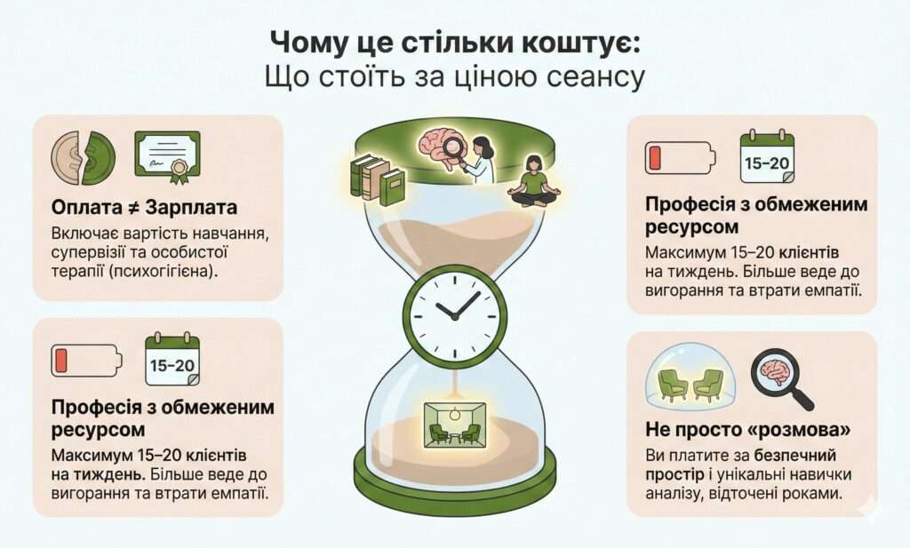 Інфографіка: Чому це стільки коштує. Ціна включає навчання, обмежений ресурс психолога (15-20 клієнтів) та безпечний простір для аналізу.