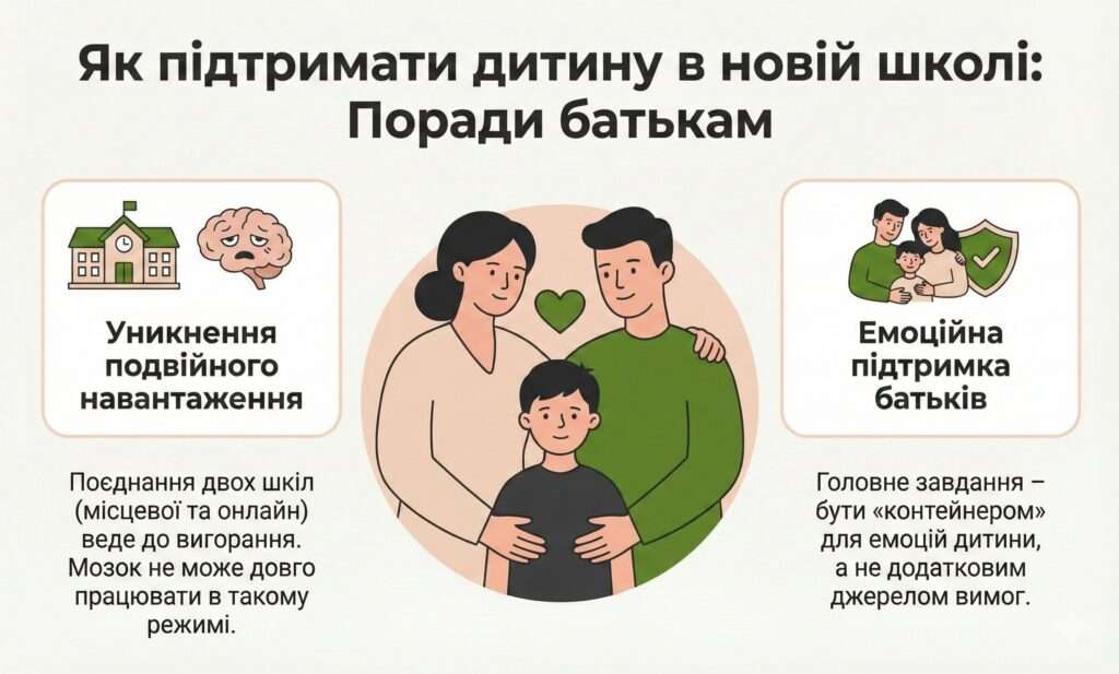Інфографіка: Дитина в новій школі. Уникайте подвійного навантаження (дві школи). Батьки мають бути підтримкою емоцій, а не джерелом тиску.