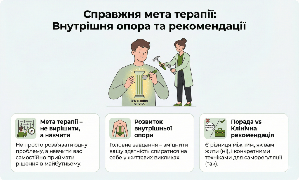 Інфографіка: Мета терапії. Розвиток внутрішньої опори, а не вирішення однієї проблеми. Навчитися самостійно справлятися з викликами.