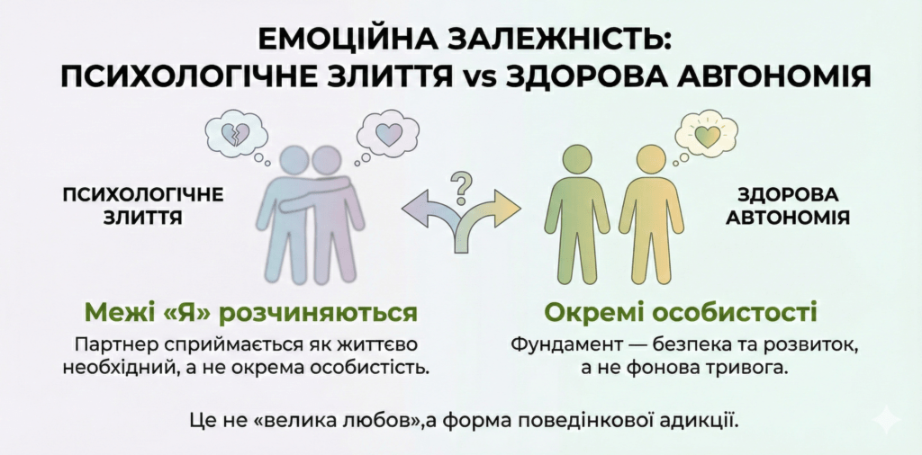 Інфографіка: Емоційна залежність vs Здорова автономія. Різниця між психологічним злиттям і безпечними стосунками особистостей.