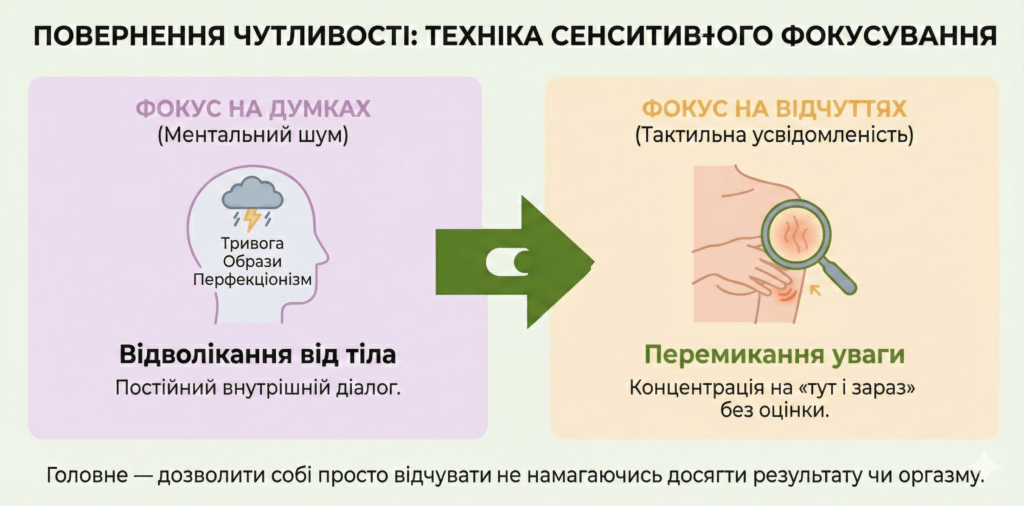 Інфографіка: Повернення чутливості. Техніка сенситивного фокусування. Перемикання уваги з думок («ментальний шум») на тактильні відчуття.
