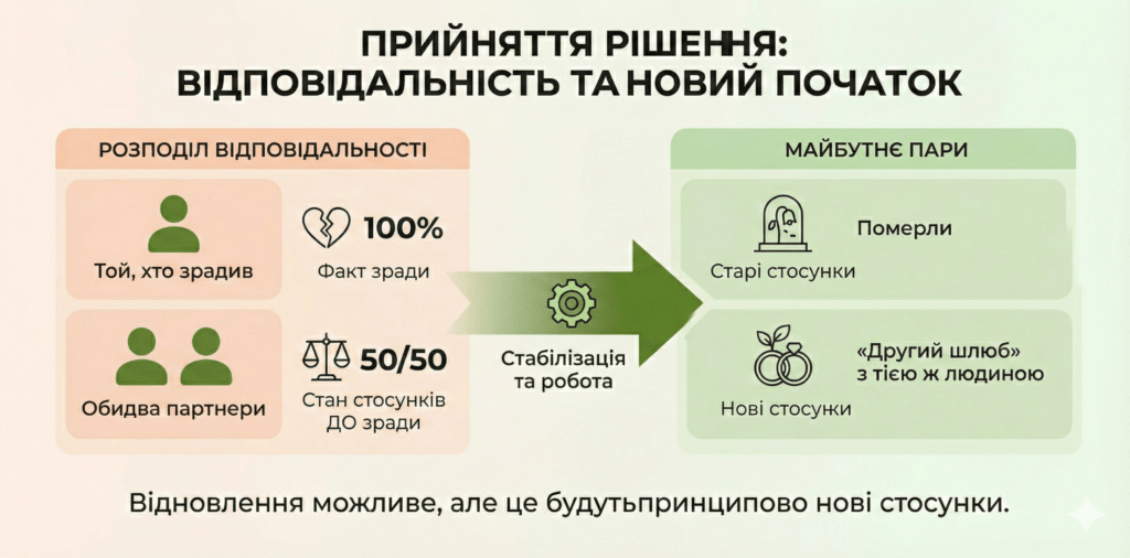 Інфографіка: Прийняття рішення після зради. Відновлення можливе, але це будуть нові стосунки. "Другий шлюб" з тією ж людиною після роботи над помилками.