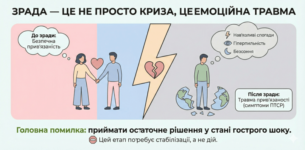 Інфографіка: Зрада — це емоційна травма (ПТСР), а не просто криза. Головна помилка — приймати рішення в стані шоку. Потрібна стабілізація.