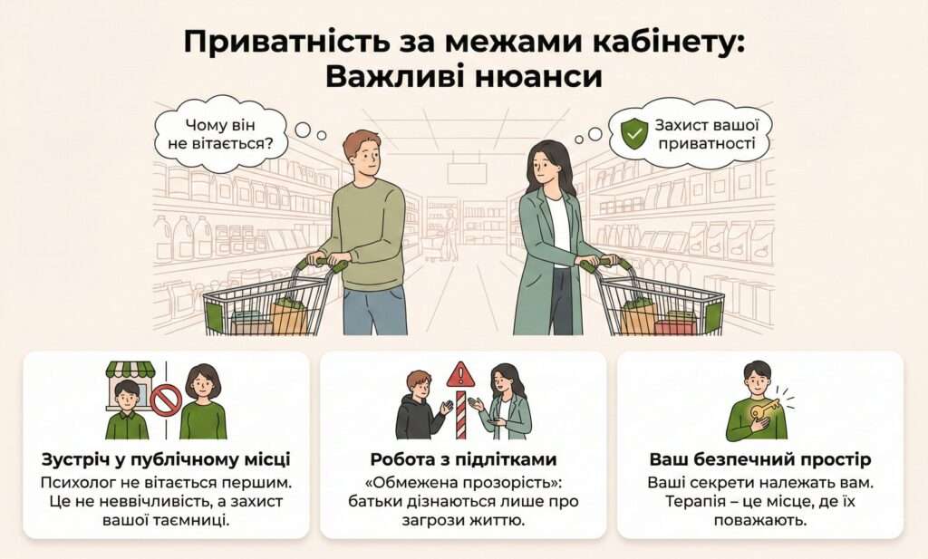Інфографіка: Приватність. Психолог не вітається першим у публічних місцях для захисту вашої таємниці. Це етика, а не неввічливість.
