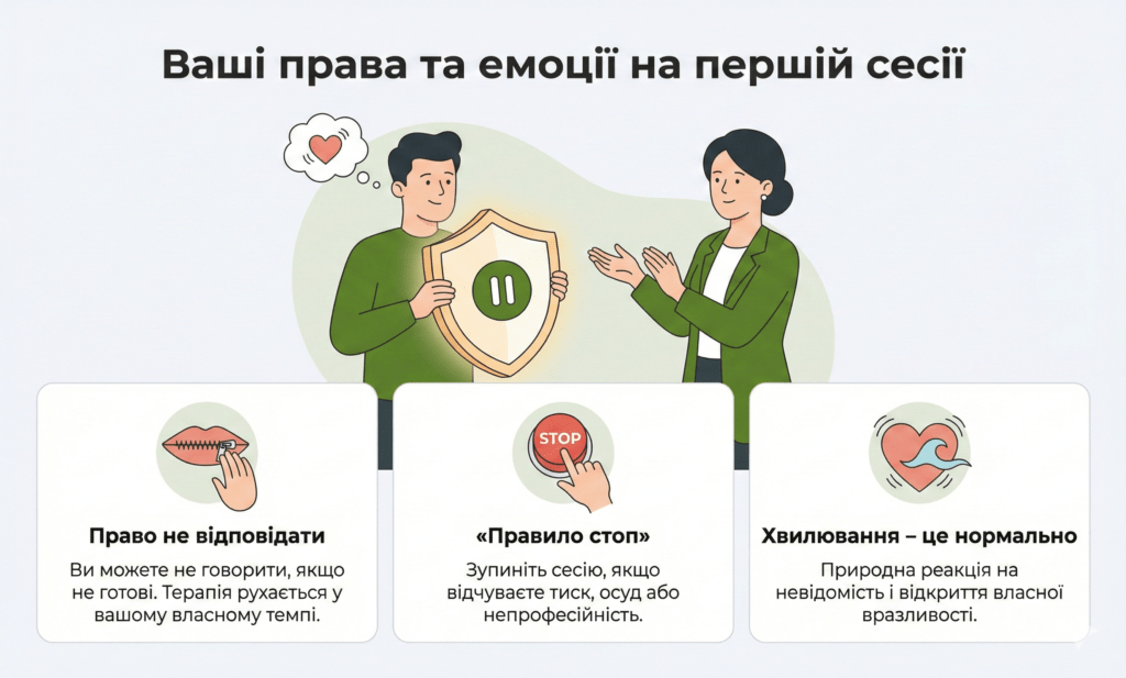 Інфографіка: Права на сесії. Право мовчати, правило «стоп» та нормальність хвилювання. Терапія рухається у вашому темпі без тиску.