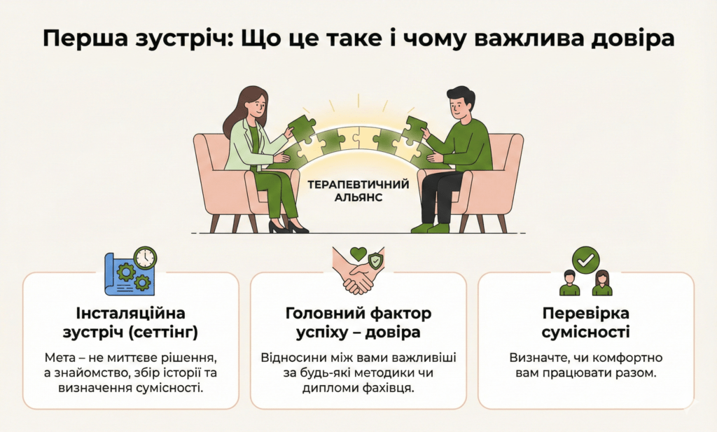 Інфографіка: Перша зустріч. Мета — знайомство та перевірка сумісності. Довіра (альянс) важливіша за методики для успіху терапії.