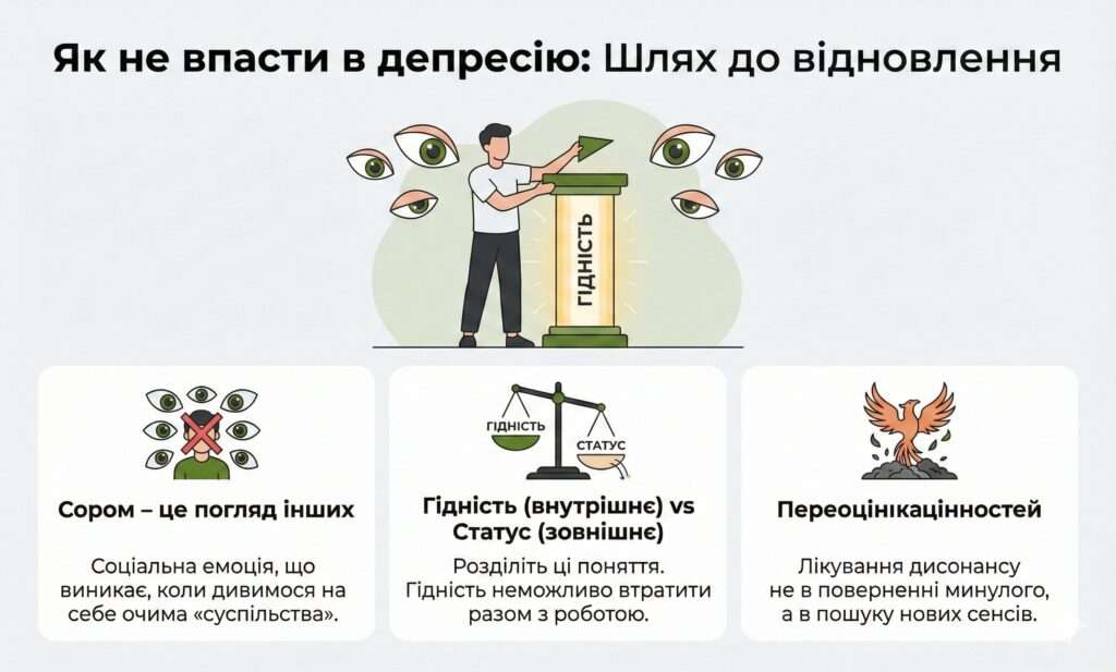 Інфографіка: Як не впасти в депресію. Розділіть гідність і статус. Сором — це страх чужого погляду. Шукайте нові сенси, а не минуле.