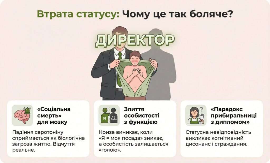 Інфографіка: Втрата статусу. Біль виникає через злиття «Я» з посадою. Мозок сприймає падіння статусу як загрозу життю («соціальна смерть»).