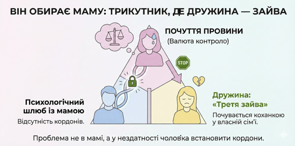 Інфографіка: Він обирає маму. Дружина стає «третьою зайвою», коли чоловік не має кордонів. Проблема не в мамі, а у відсутності сепарації.