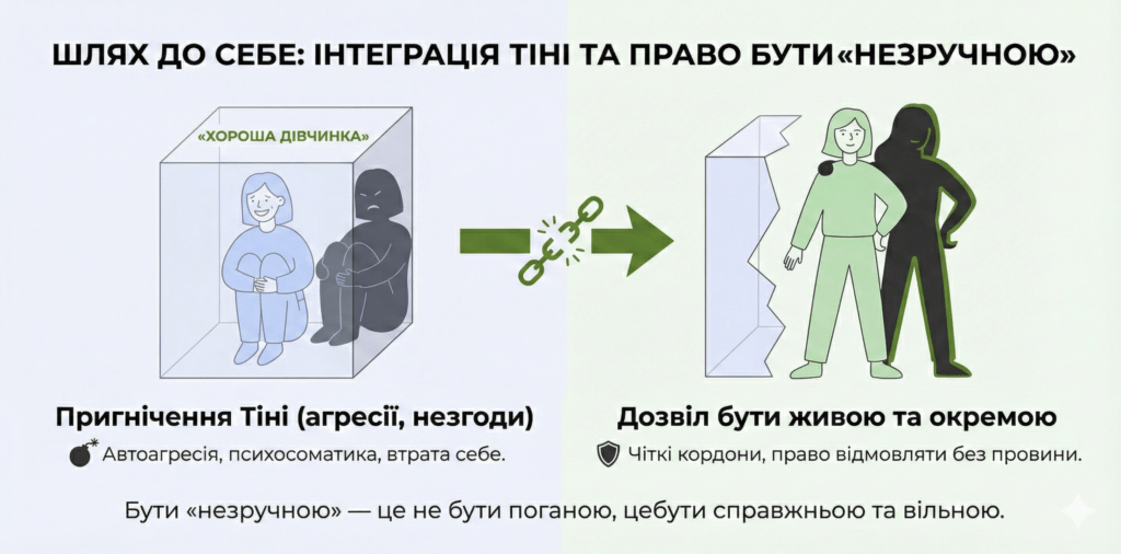 Інфографіка: Шлях до себе. Інтеграція Тіні. Дозвіл бути "незручною" означає мати кордони і бути справжньою, а не поганою.