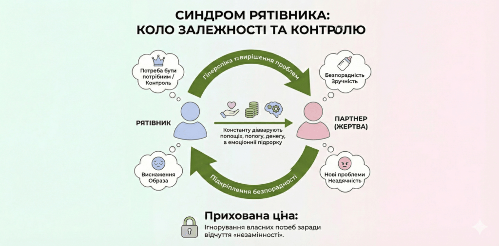 Інфографіка: Синдром рятівника. Коло залежності, де гіперопіка живить безпорадність. Рятівник платить за це ігноруванням власних потреб.
