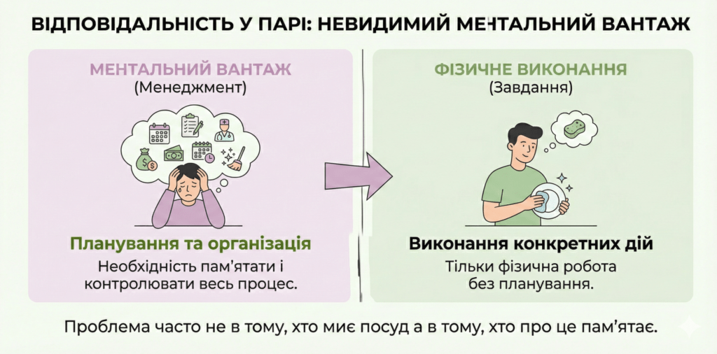 Інфографіка: Ментальний вантаж у парі. Невидима робота з планування. Проблема не в тому, хто миє посуд, а хто пам'ятає, що треба помити.