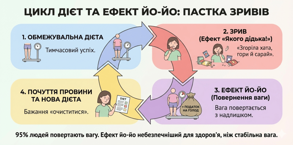Інфографіка: Ефект йо-йо. Пастка дієт: обмеження ведуть до зривів та повернення ваги. Це небезпечніше для здоров'я за стабільність.