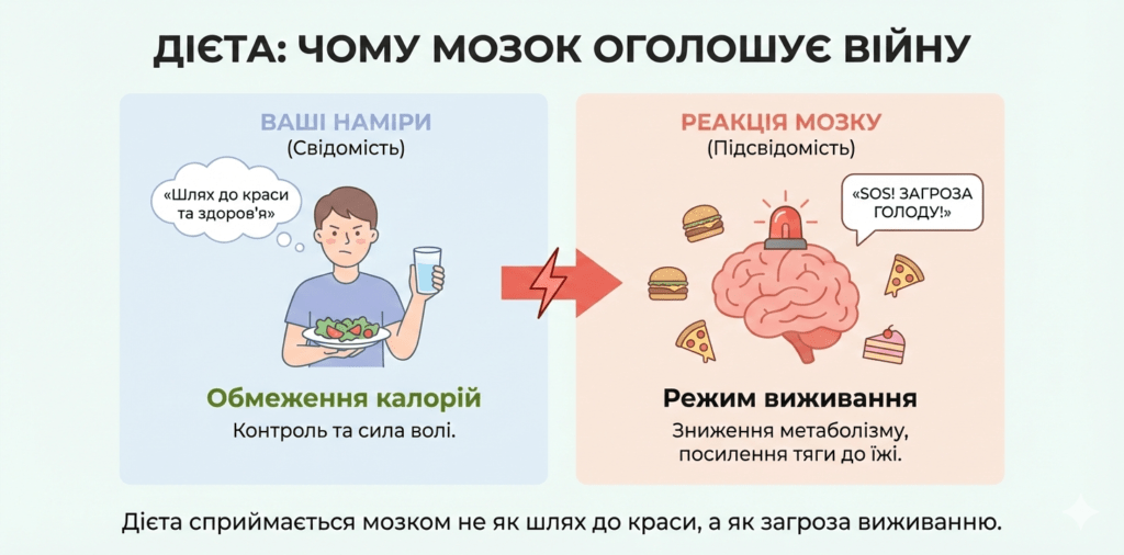 Інфографіка: Мозок проти дієт. Він сприймає дефіцит калорій як загрозу голоду (SOS), вмикаючи режим виживання та тягу до їжі.