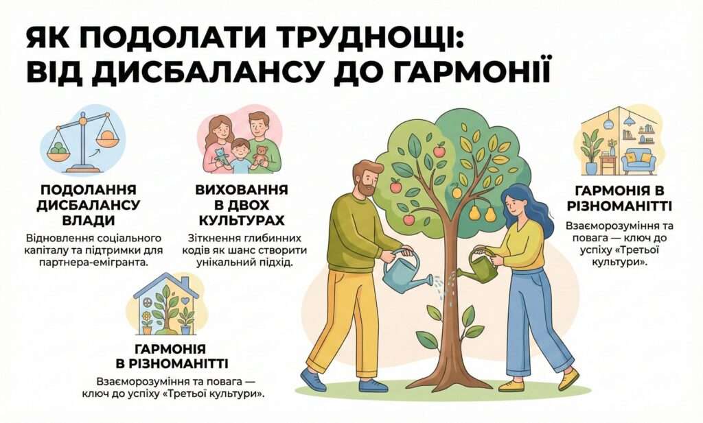 Інфографіка: Гармонія в різноманітті. Виховання дітей у двох культурах. Подолання дисбалансу влади та повага до спільної «третьої культури».