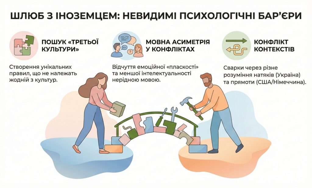 Інфографіка: Шлюб з іноземцем. Невидимі бар'єри: створення «третьої культури», мовна асиметрія та конфлікт різних культурних контекстів.