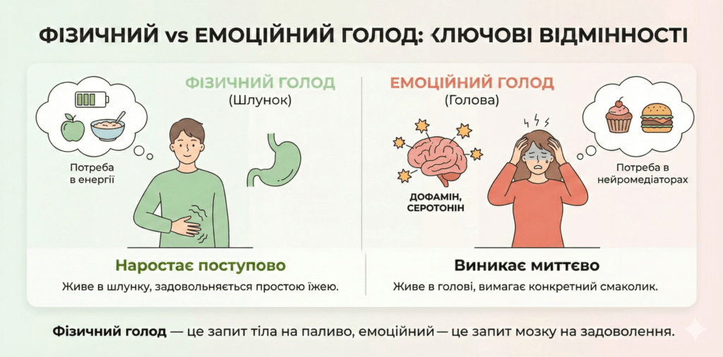 Інфографіка: Голод vs Апетит. Фізичний голод живе в шлунку і наростає поступово. Емоційний — в голові, виникає миттєво і вимагає смаколика.
