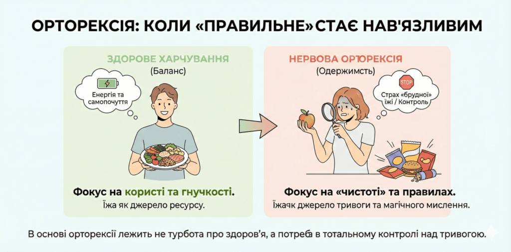 Інфографіка: Орторексія. Коли ЗСЖ стає одержимістю. Фокус зміщується з енергії на тотальний контроль тривоги через їжу.