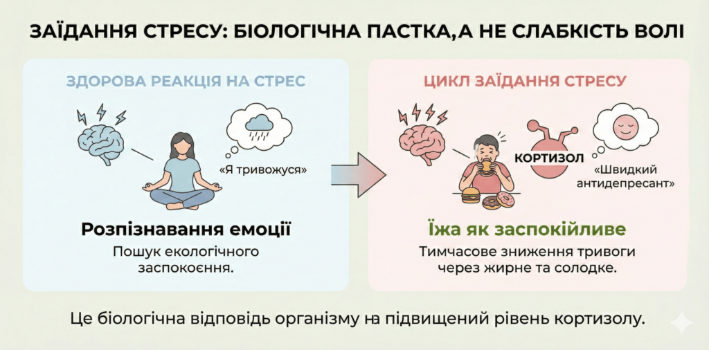 Інфографіка: Заїдання стресу. Це біологічна пастка кортизолу, а не слабкість. Їжа стає тимчасовим, але шкідливим заспокійливим.