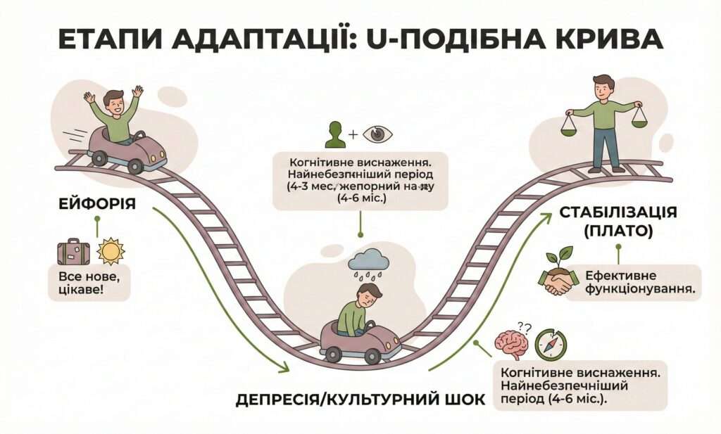 Інфографіка: Етапи адаптації (U-крива). Ейфорія -> депресія (найнебезпечніші 4-6 міс) -> стабілізація. Це нормальний процес психіки.