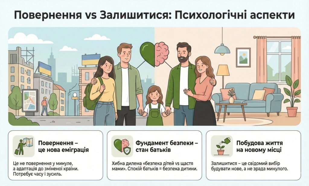 Інфографіка: Повернення чи життя за кордоном. Повернення — це нова адаптація. Головне для дітей — спокій батьків, а не місце проживання.