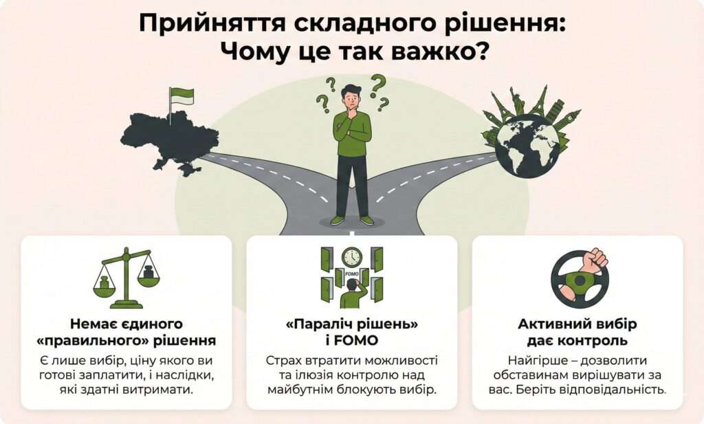 Інфографіка: Прийняття рішення. Немає ідеального вибору, є лише наслідки. Страх помилки (FOMO) блокує. Беріть відповідальність і дійте.