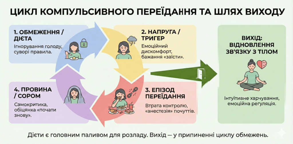 Інфографіка: Компульсивне переїдання. Цикл «дієта-зрив-провина». Вихід не в новій дієті, а у відновленні зв'язку з тілом.